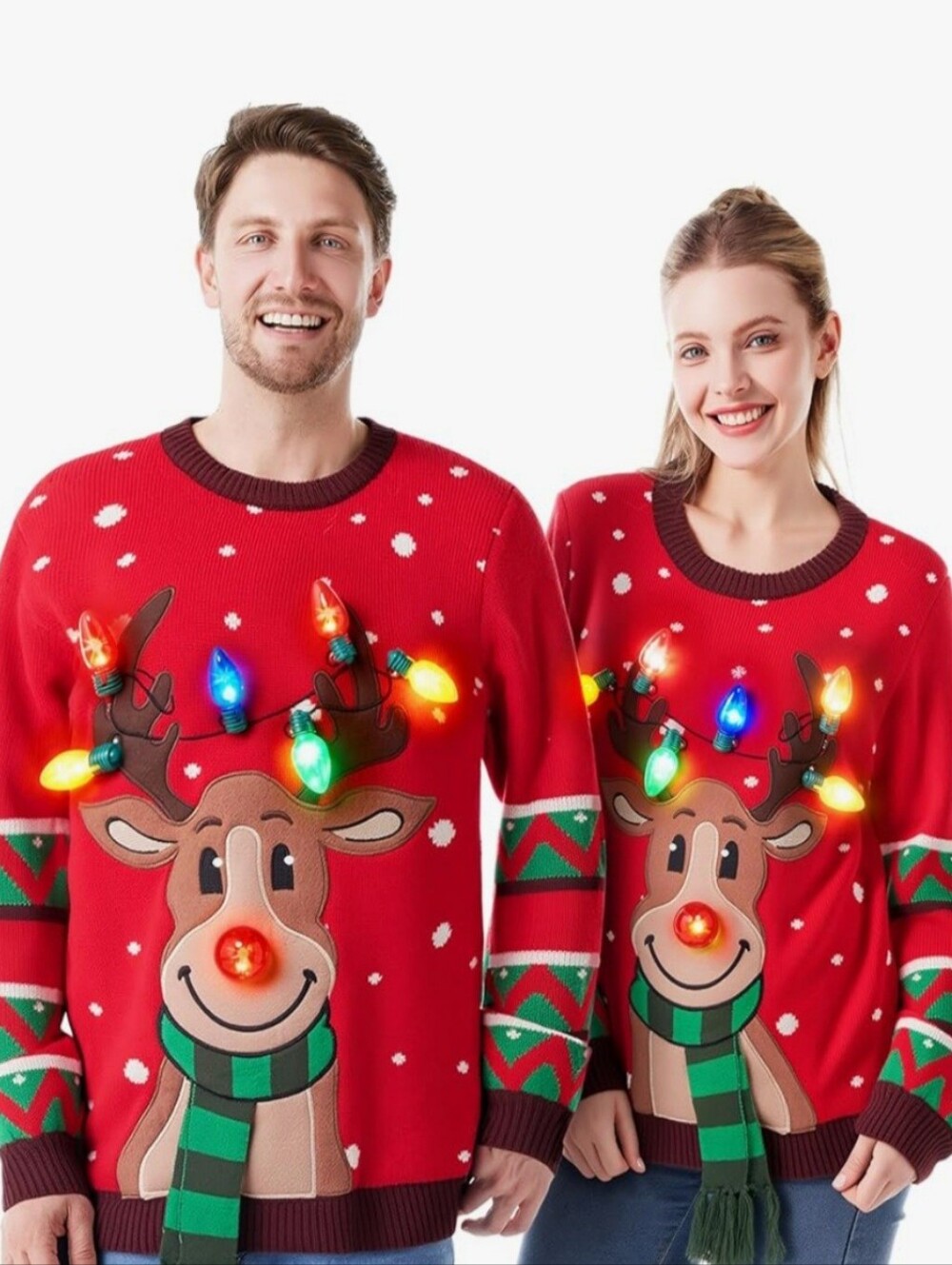 Mens Or Womens Red Light-Up Reindeer Christmas Sweater.